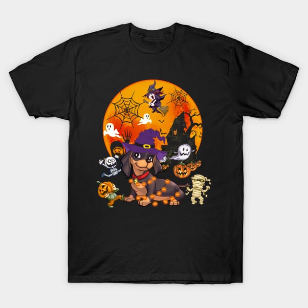 Dachshund Witch Funny Dog Halloween T-Shirt by Margaretsantana